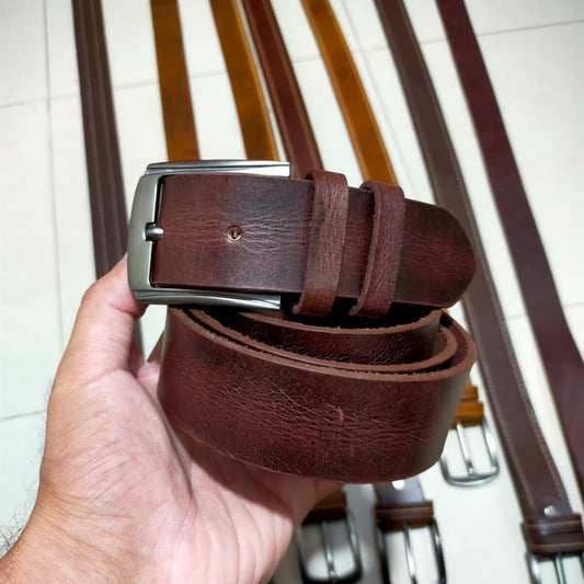 Vintage Look Buffalo Leather Belt - Dark Brown