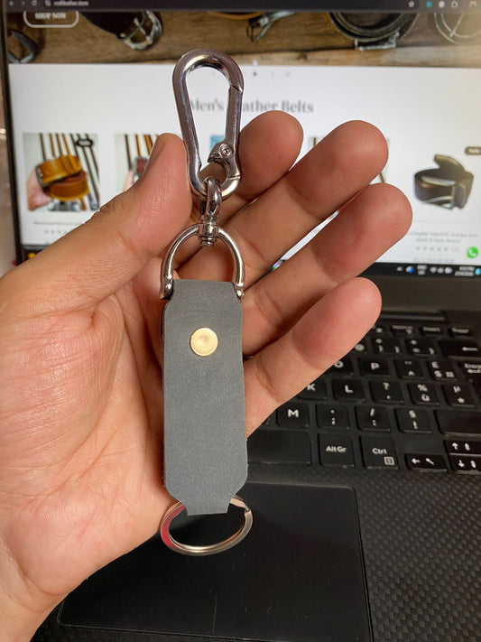 Grey Premium Leather Keychain with Metal Hook