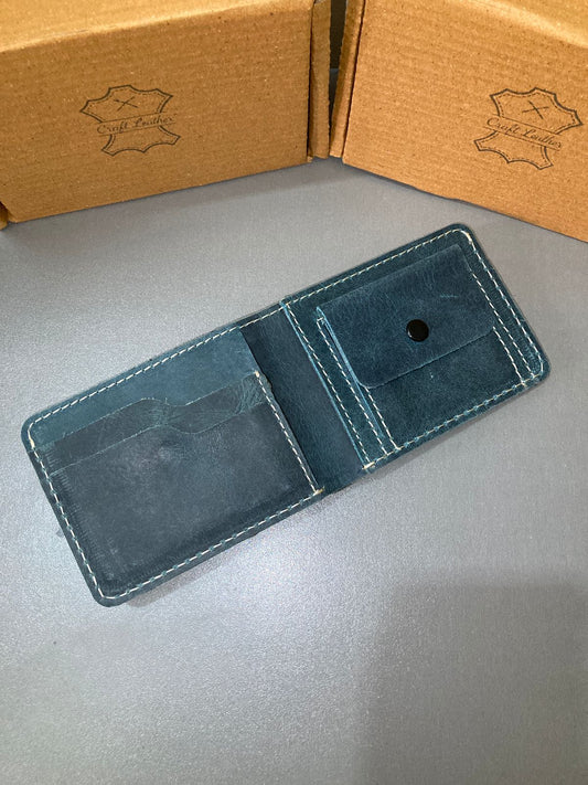 Leather Wallet Slim Bifold Design with Coin Pocket - Teal Blue