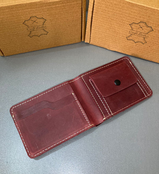 Leather Wallet Slim Bifold Design with Coin Pocket - Mahogany Red