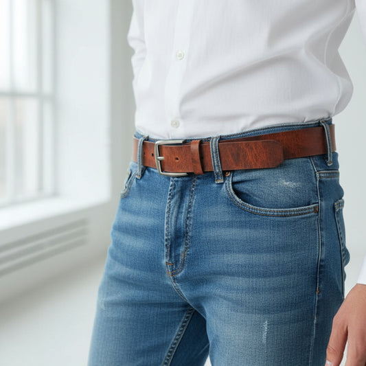 Vintage Look Leather Belt - Tan Brown