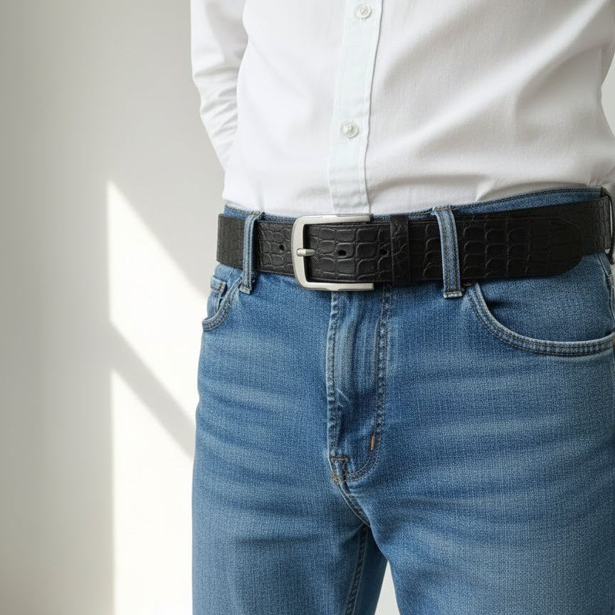Black Textured Leather Belt