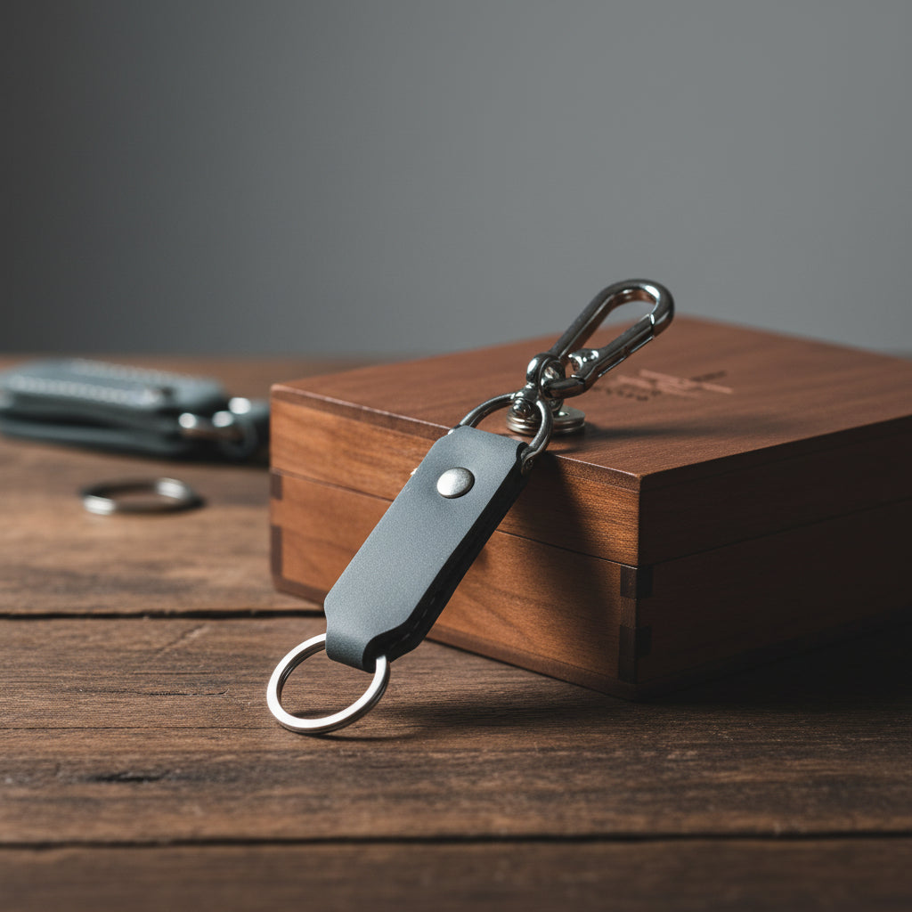 Grey Premium Leather Keychain with Metal Hook