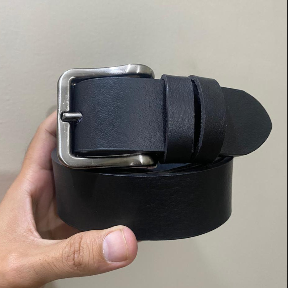 Black Buffalo Leather Belt - Silver Strong Buckle