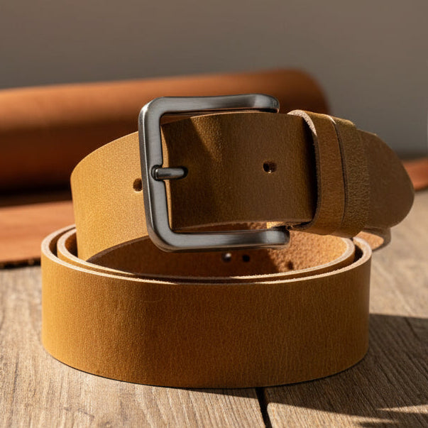 Camel Buffalo Leather Belt - Silver Strong Buckle