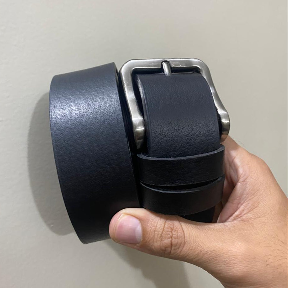 Black Buffalo Leather Belt - Silver Strong Buckle