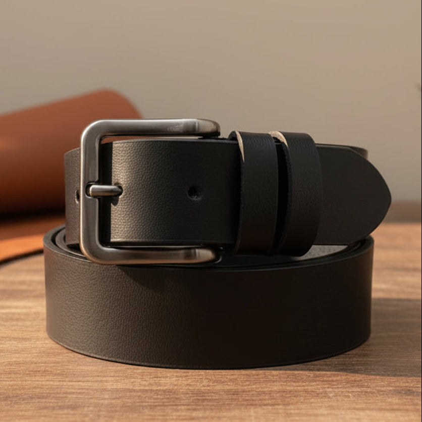 Black Buffalo Leather Belt - Silver Strong Buckle