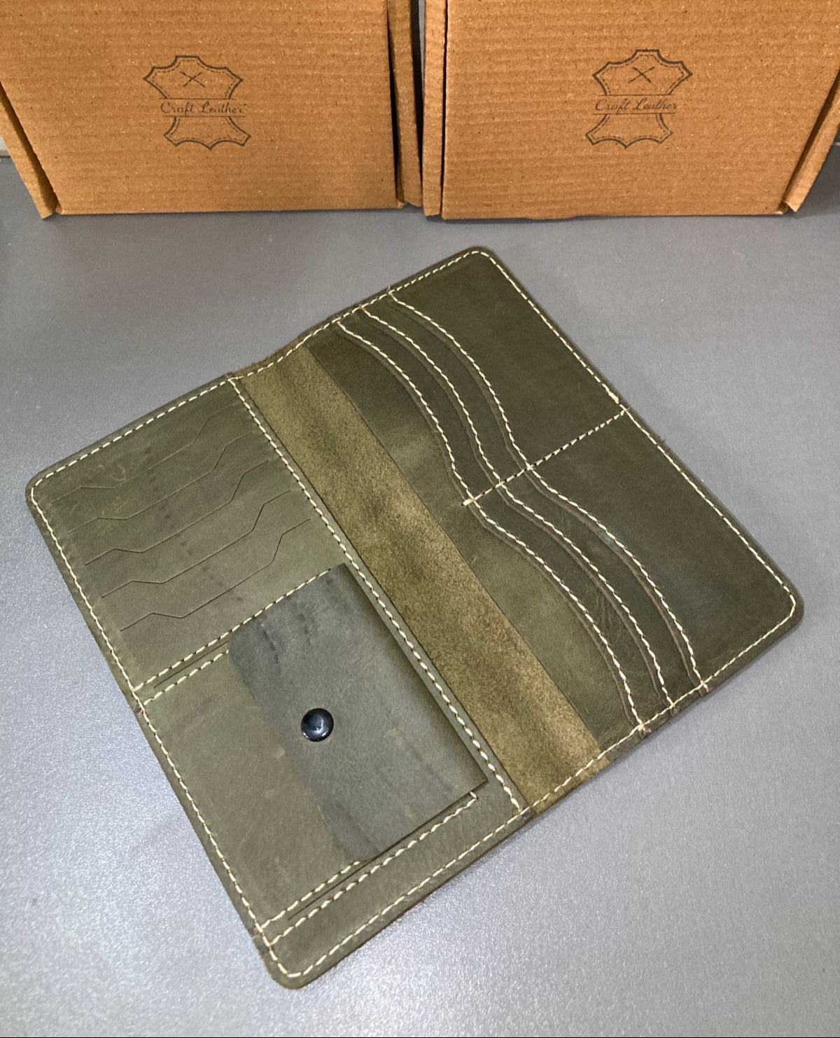 Genuine Leather Long Wallet – Olive Green